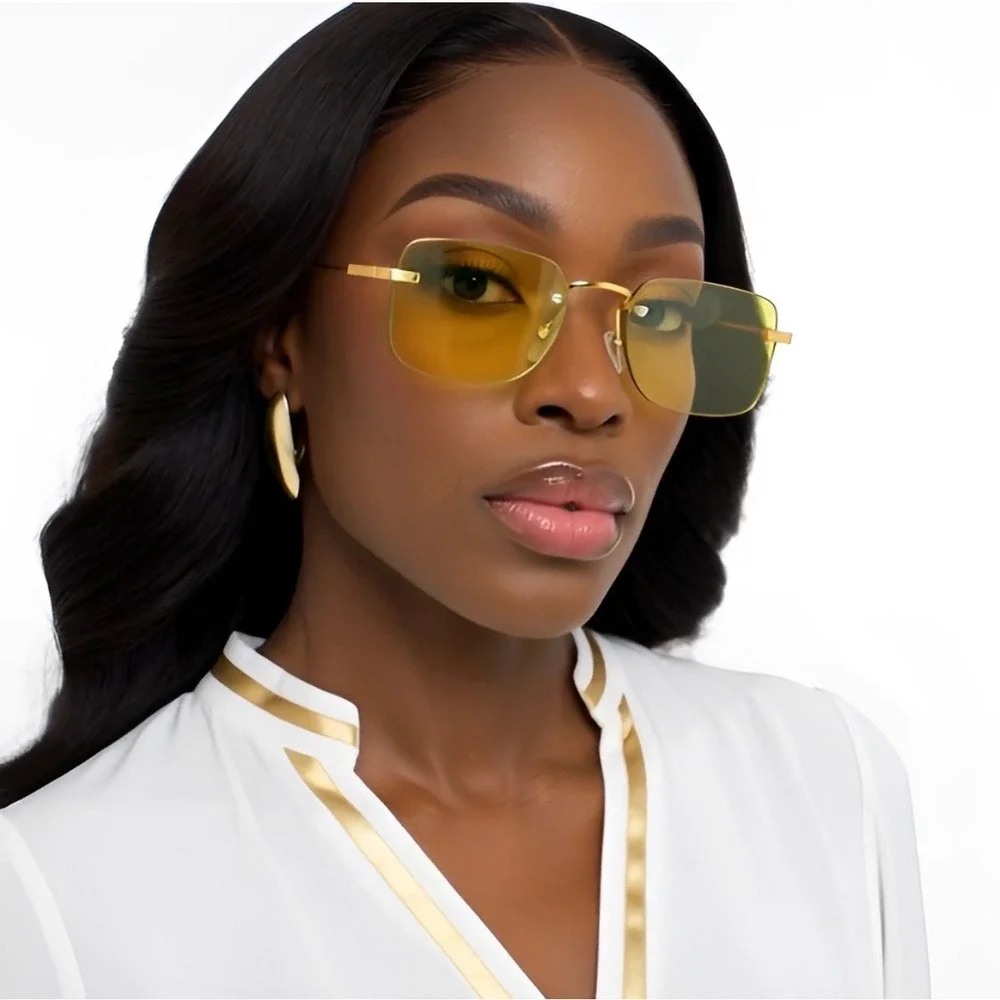 Yellow Sunglasses Uv400 Women Eyewear Narrow Small Shades Square Gold Metal 2026